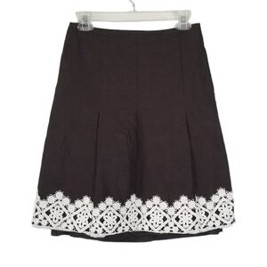 LOFT Brown A Line Pleated Linen Blend Embroidered Hem Skirt Size 4